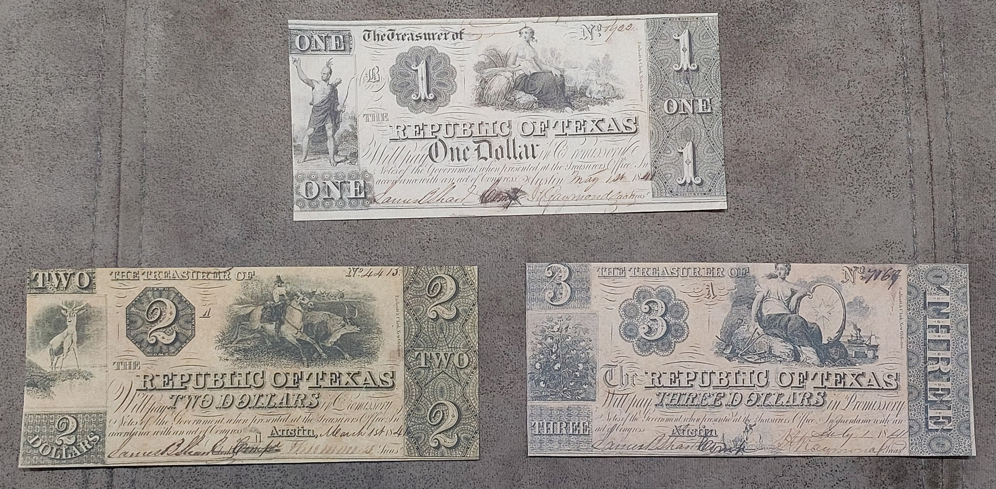 Republic of Texas 1 Dollar, 2 Dollar, and 3 Dollar 1841 obsolete paper money notes front