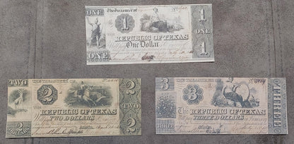 Republic of Texas 1 Dollar, 2 Dollar, and 3 Dollar 1841 obsolete paper money notes front