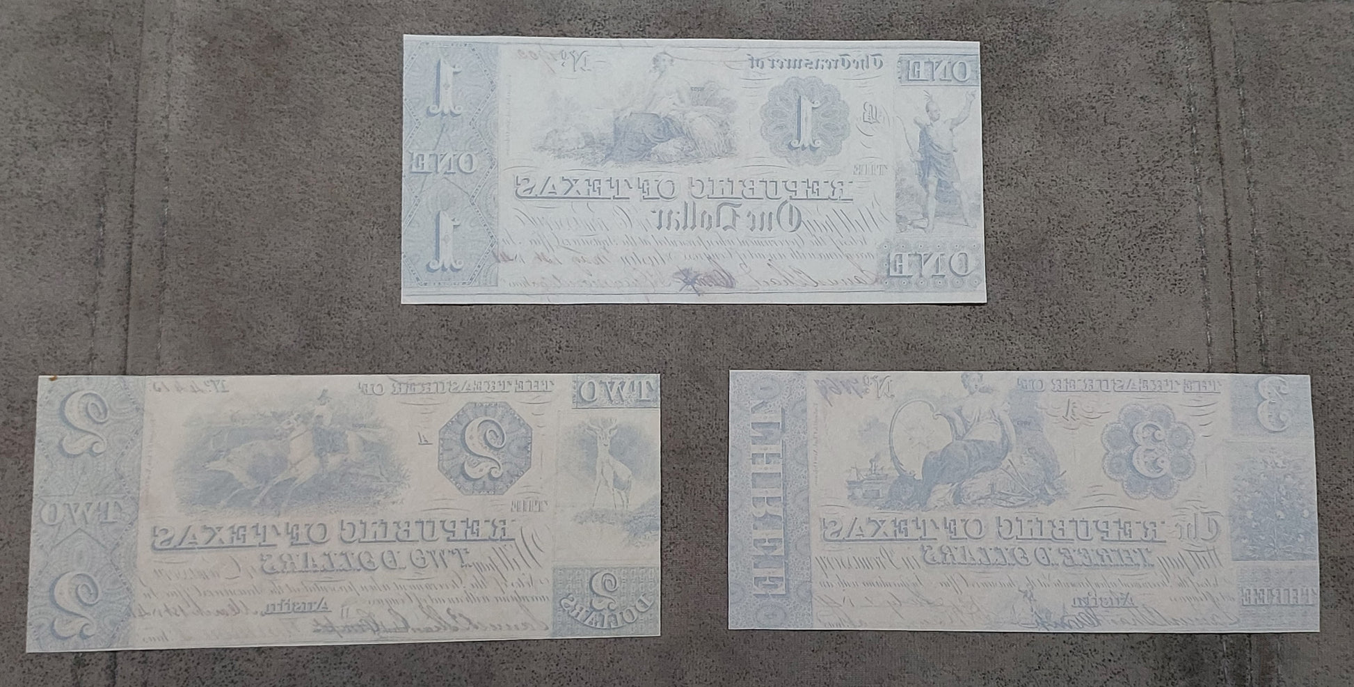 Republic of Texas 1, 2, and 3 Dollar notes reverse side historical star engraving design
