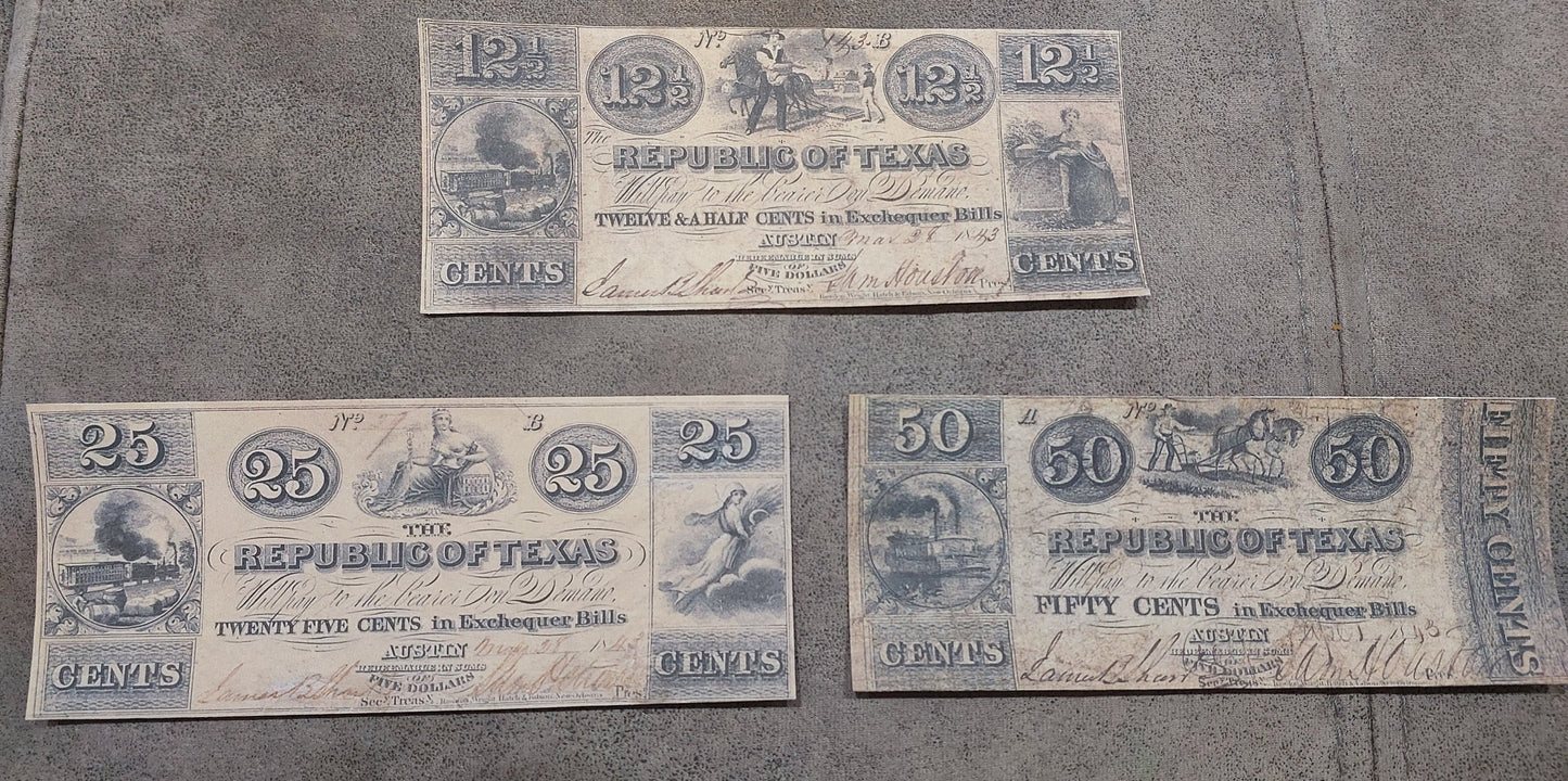 Republic of Texas 12.5 Cent, 25 Cent, and 50 Cent 1843 obsolete fractional paper money notes front