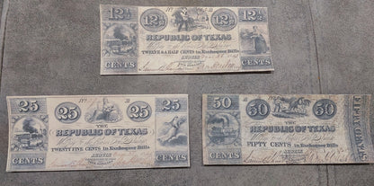 Republic of Texas 12.5 Cent, 25 Cent, and 50 Cent 1843 obsolete fractional paper money notes front