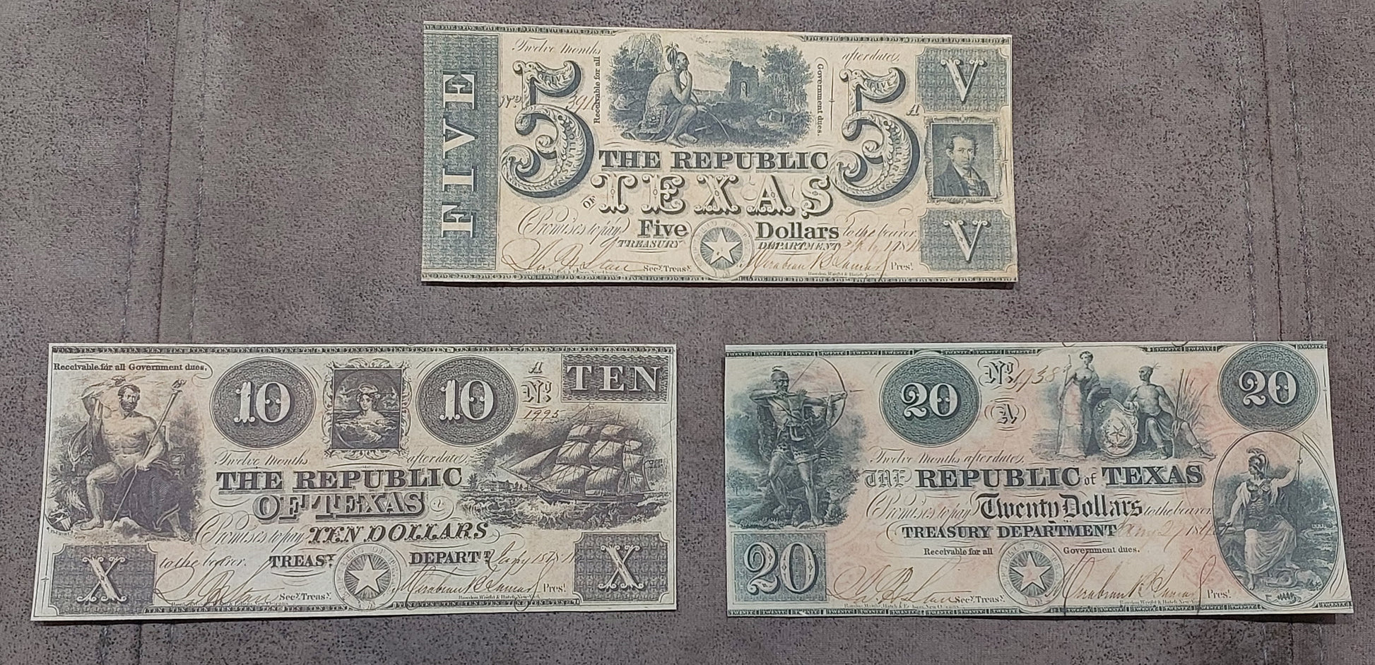 Republic of Texas 5 Dollar 1840 and 10 Dollar 1841 obsolete treasury notes front