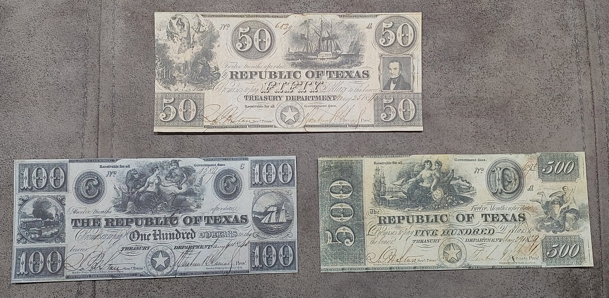 Republic of Texas 500 Dollar, 50 Dollar, and 100 Dollar 1840 obsolete currency notes front