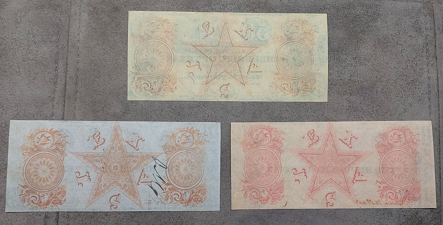 Republic of Texas high denomination 500, 50, and 100 Dollar notes reverse back view