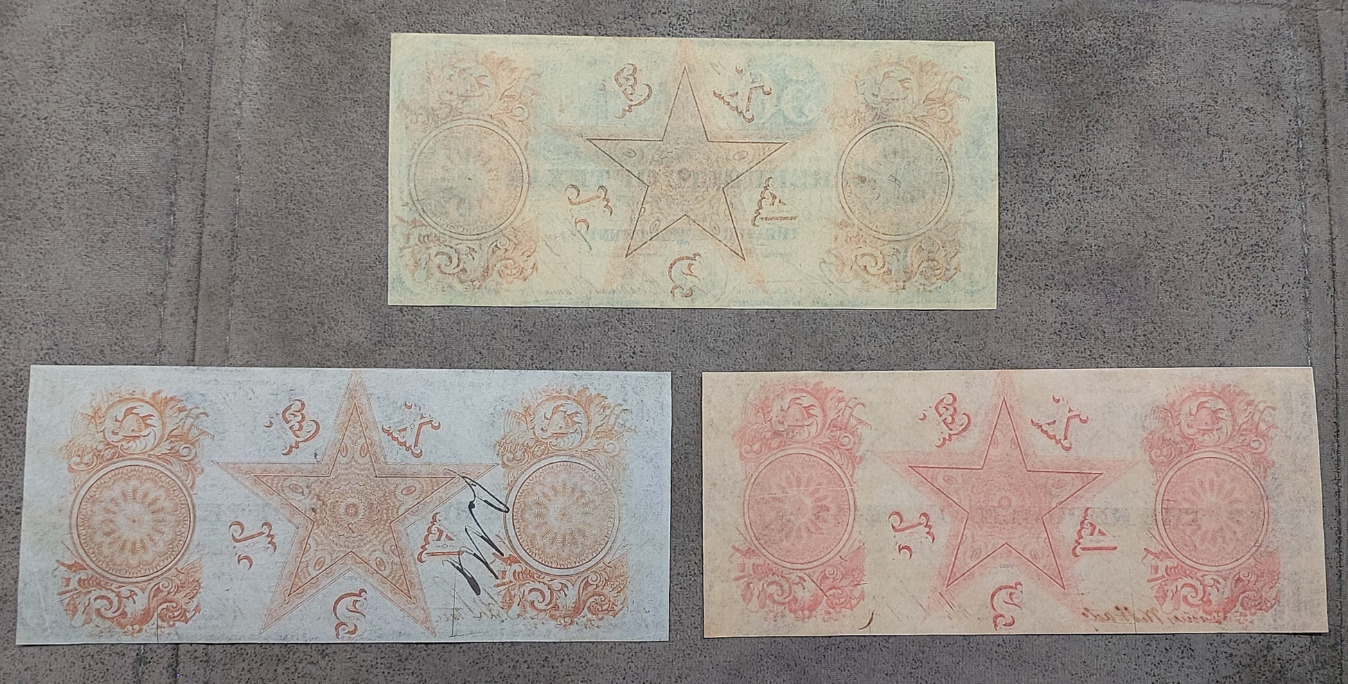Republic of Texas high denomination 500, 50, and 100 Dollar notes reverse back view