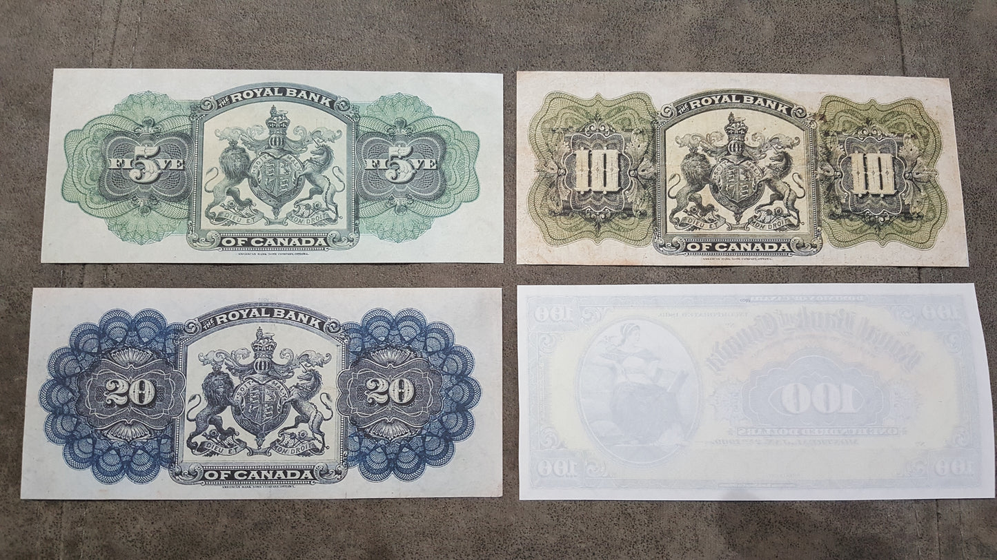 The Royal Bank of Canada 1909 Numismatic Currency Notes Back Side