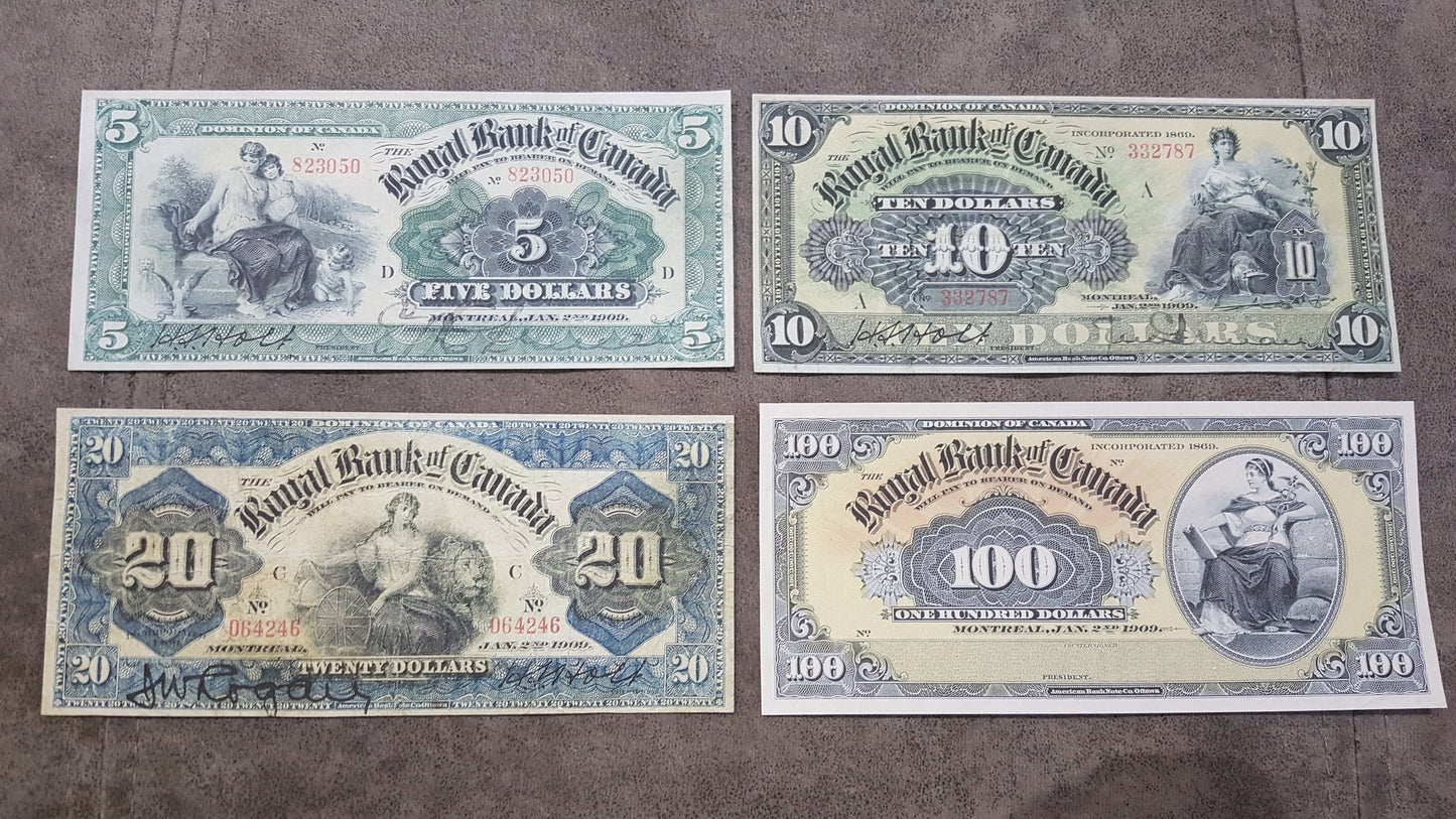 The Royal Bank of Canada 1909 Series Dollar and 100 Dollar Specimen Notes