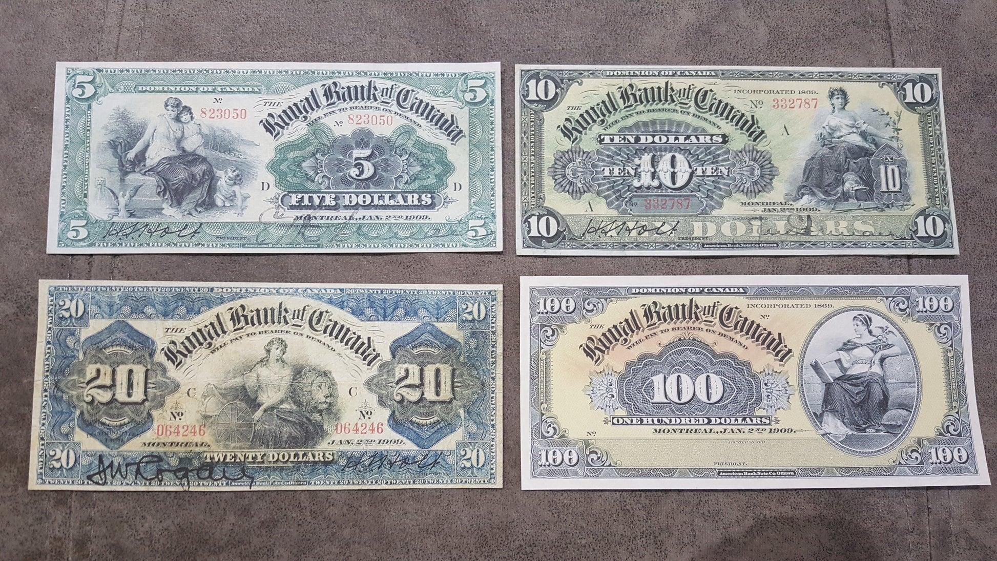 The Royal Bank of Canada 1909 Series Dollar and 100 Dollar Specimen Notes