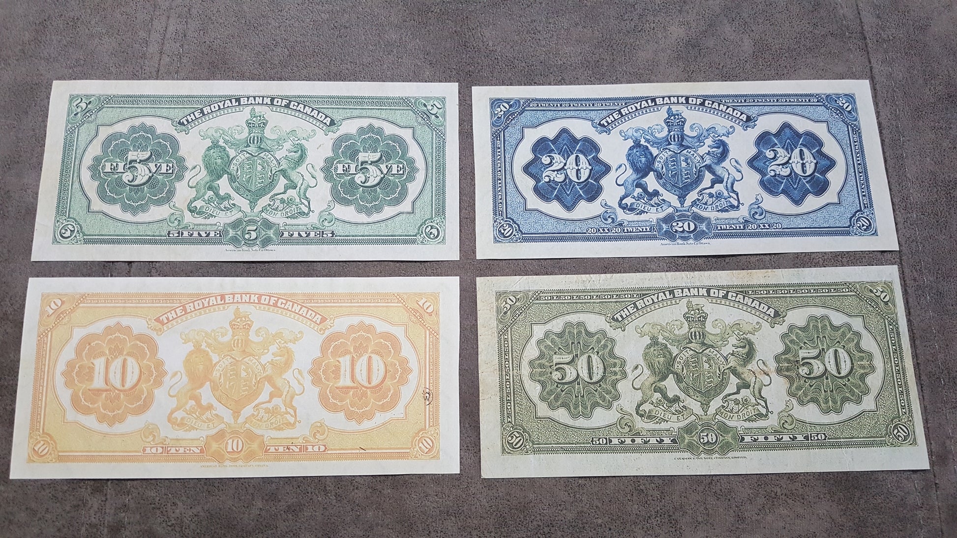 The Royal Bank of Canada 1913 Treasury Specimen Notes Reverse Side