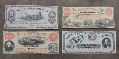 South Carolina Rail Road 5 Dollar 1873 & The Bank of Selma 10, 20, 50 Dollar obsolete notes front