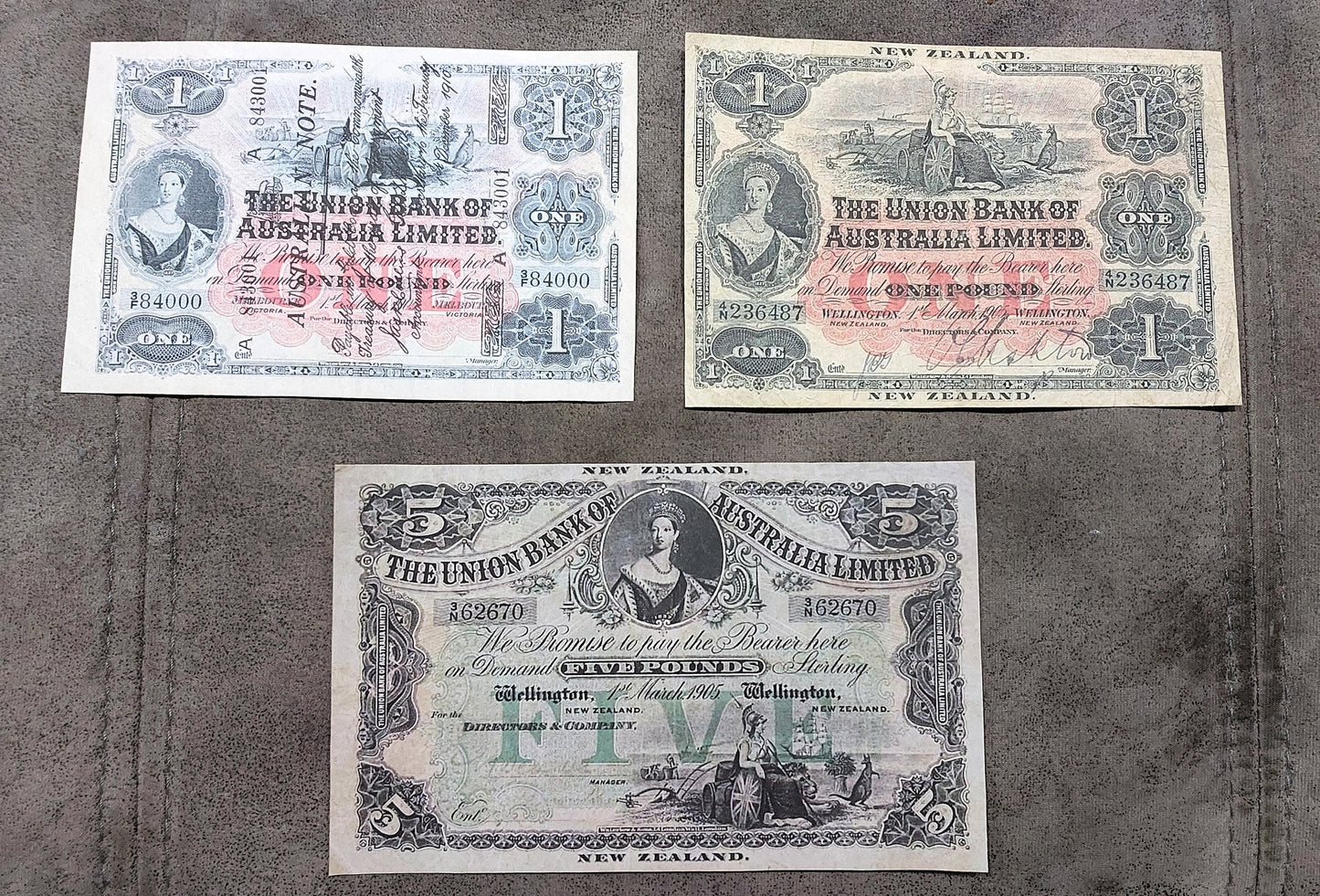 The Union Bank of Australasia 1 Pound 1905, 1910 & 5 Pound 1905 banknotes front