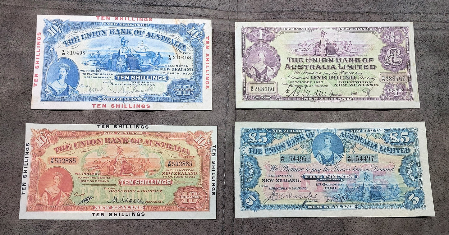 The Union Bank of Australasia 1 Pound & 5 Pound 1923 banknotes front
