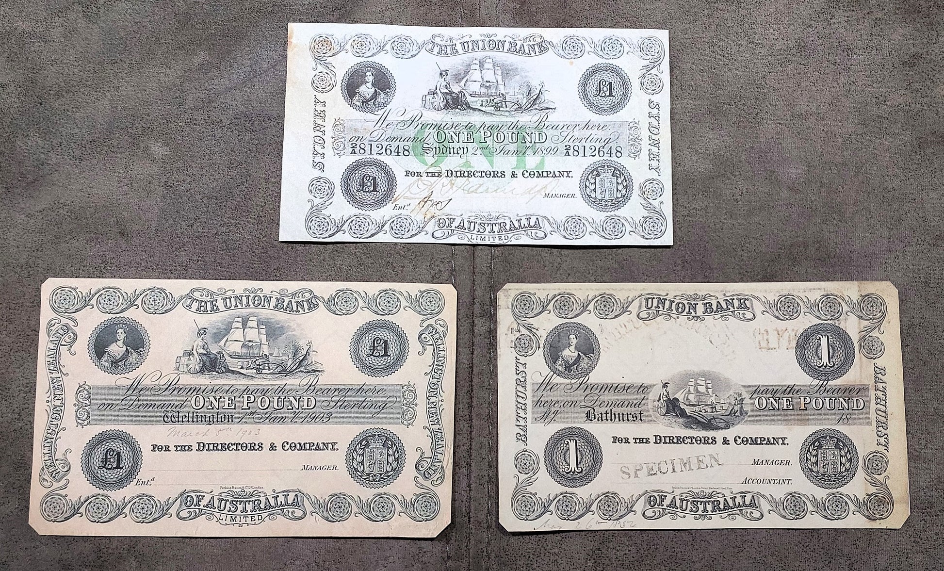 The Union Bank of Australasia 1 Pound 1854 Bathurst & 1899 Sydney banknote front