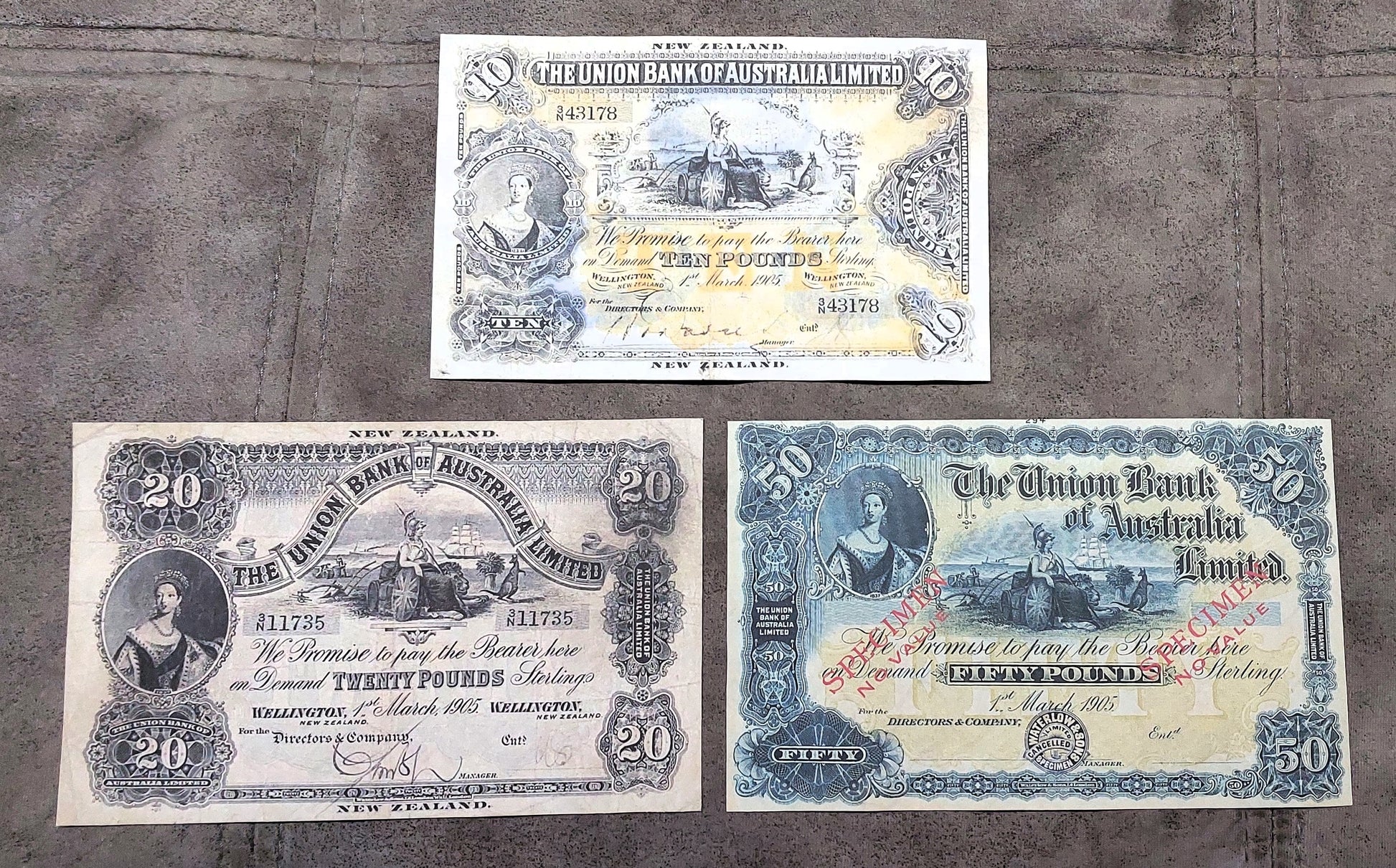 The Union Bank of Australasia 10 Pound & 20 Pound 1905 banknotes front