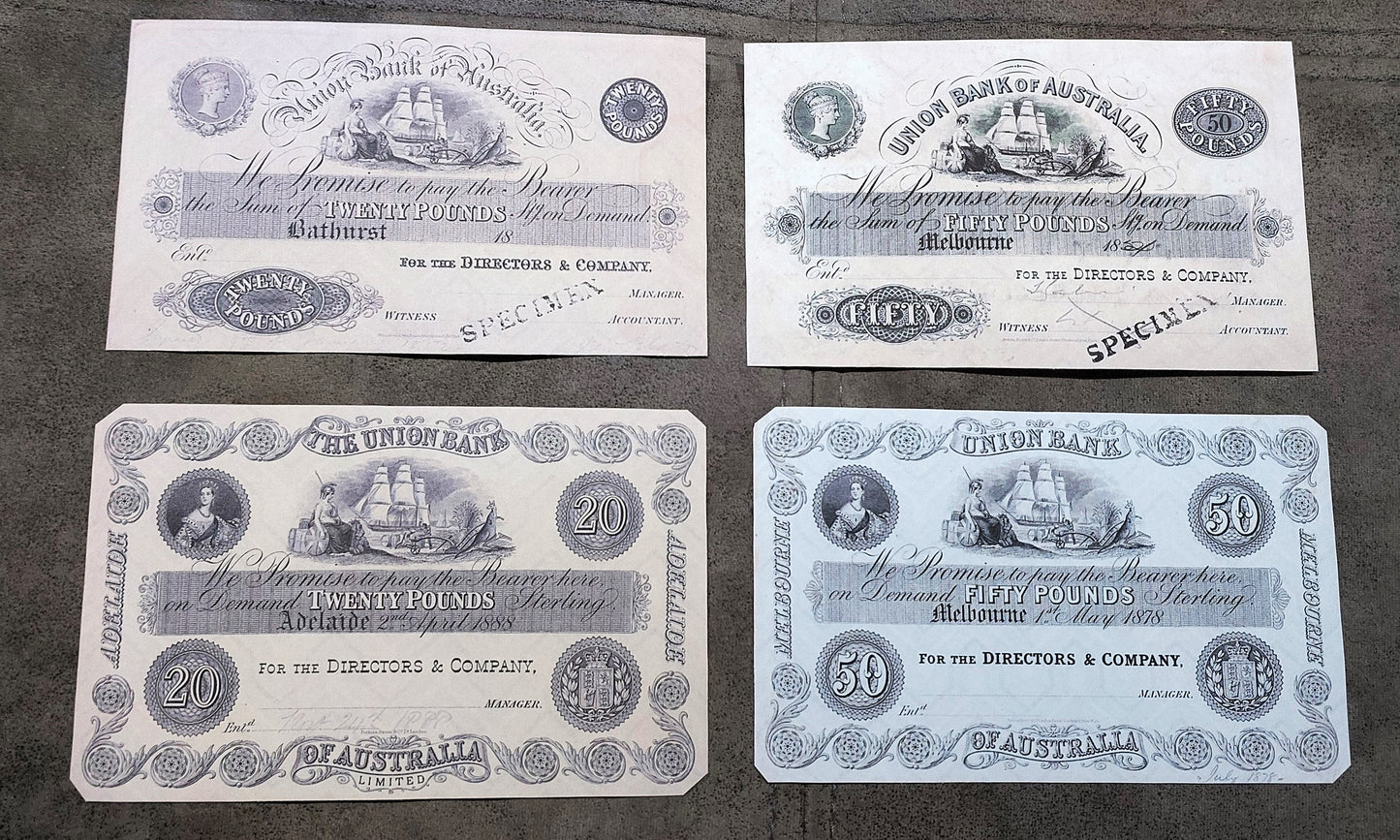 The Union Bank of Australasia 20  + 50 Pound 1852 Bathurst & 1888 Adelaide banknote front