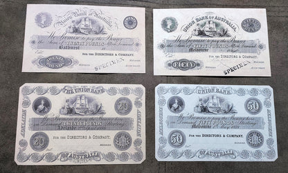 The Union Bank of Australasia 20  + 50 Pound 1852 Bathurst & 1888 Adelaide banknote front