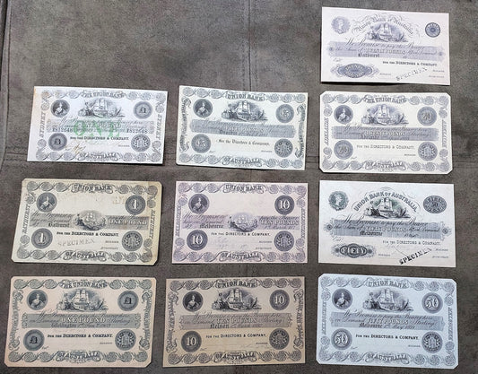 Rare Australia & New Zealand 1852-1903 banknote collection set C - front view of 10 notes