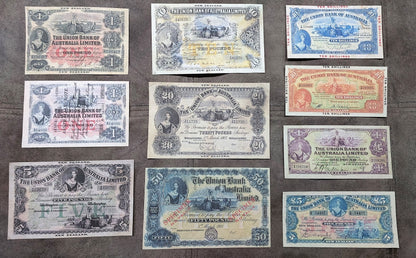 Rare Australia & New Zealand 1905-1923 historical banknote collection set D - front view of 10 notes