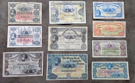 Rare Australia & New Zealand 1905-1923 historical banknote collection set D - front view of 10 notes