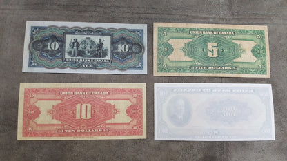 Union Bank of Canada 5, 10, 20 , 100 Dollar Archival Specimen Notes Back