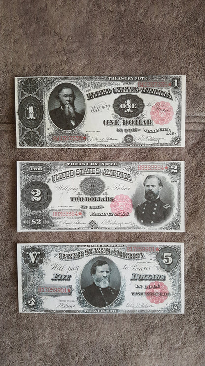 US 1 Dollar Stanton, 2 Dollar McPherson, and 5 Dollar Thomas 1891 Series Treasury Notes front