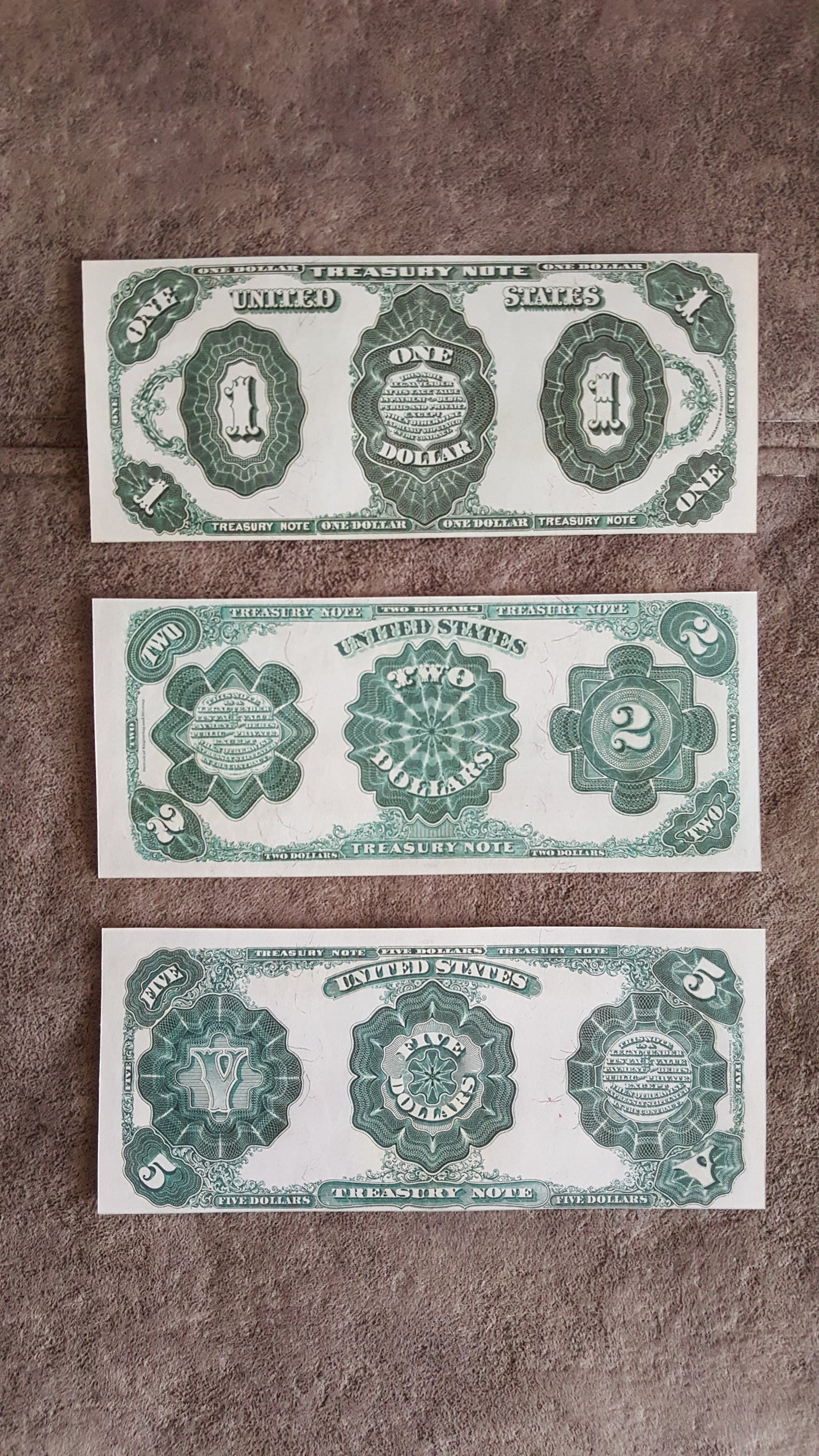 US 1, 2, and 5 Dollar 1891 Treasury Coin Notes reverse greenback view with small denomination numbers