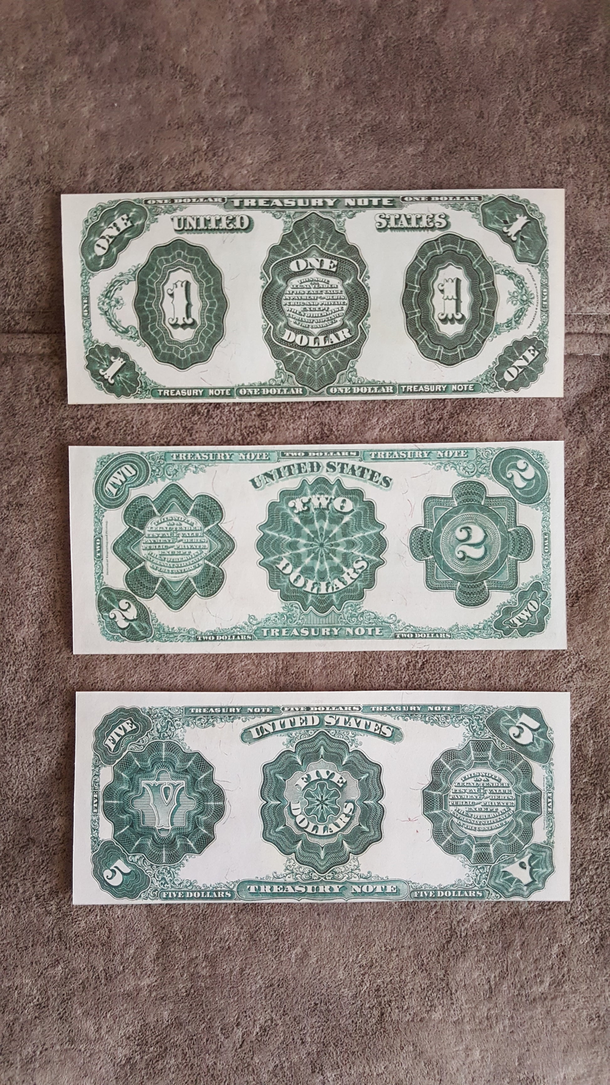 US 1, 2, and 5 Dollar 1891 Treasury Coin Notes reverse greenback view with small denomination numbers