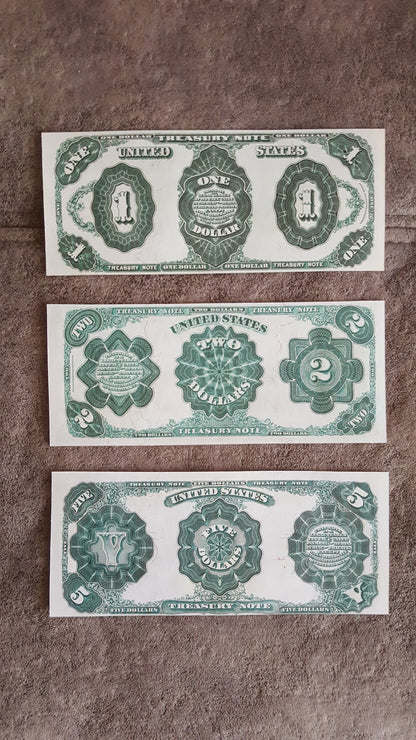 US 1, 2, and 5 Dollar 1891 Treasury Coin Notes reverse greenback view with small denomination numbers