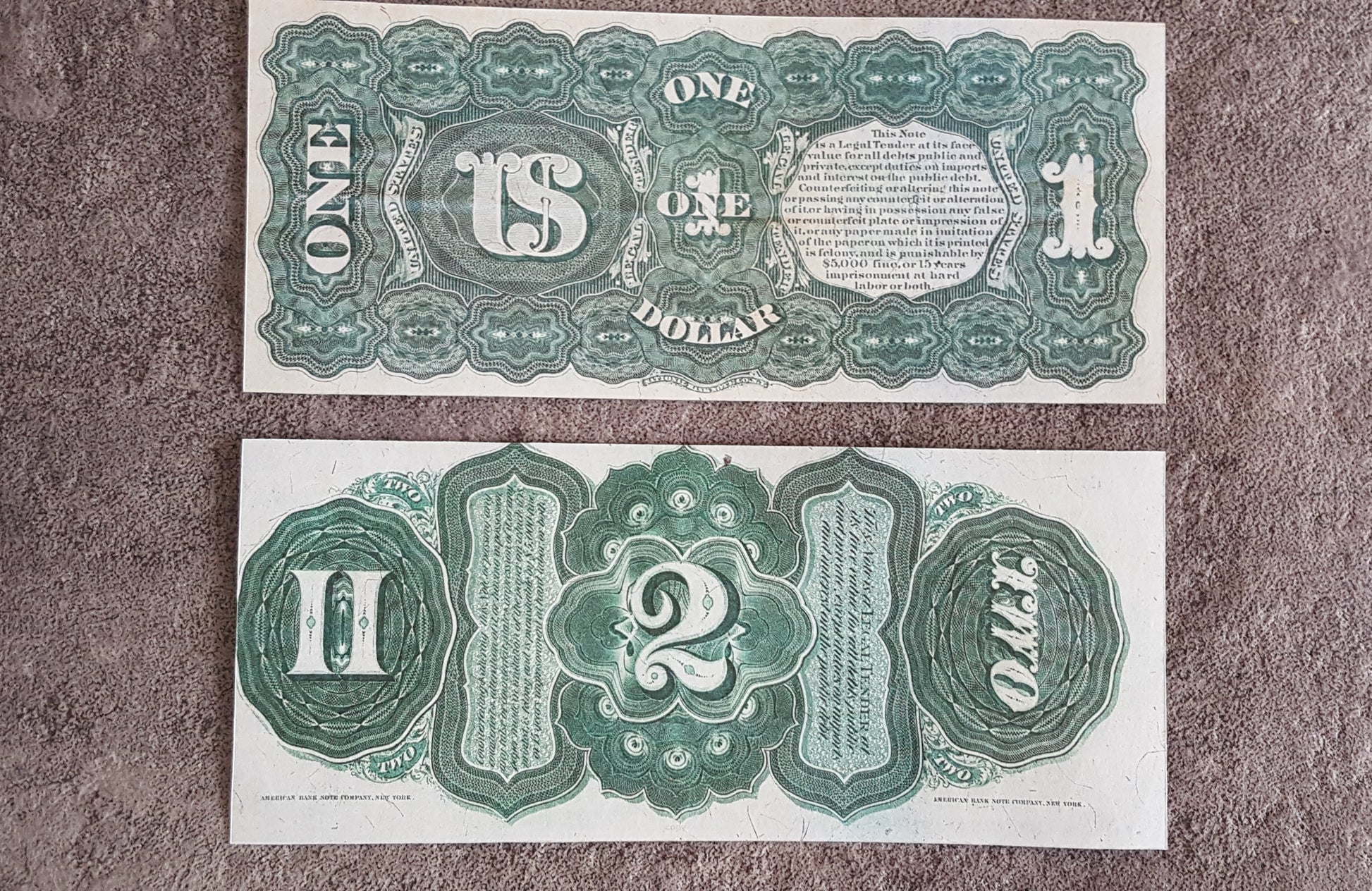 US 1 Dollar and 2 Dollar 1869 Rainbow series notes reverse greenback side 