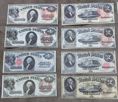 US 1 Dollar Washington and 2 Dollar Jefferson 1880 Legal Tender historical currency notes with various red seals front