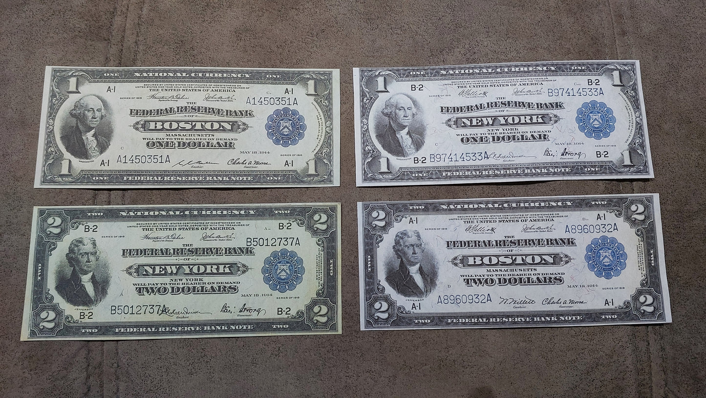 US 1 Dollar Washington and 2 Dollar Jefferson 1918 Federal Reserve Bank Notes New York and Boston districts front