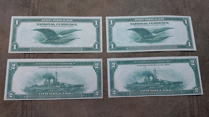 US 1 Dollar Flying Eagle and 2 Dollar Battleship 1918 Federal Reserve Bank Notes reverse back view