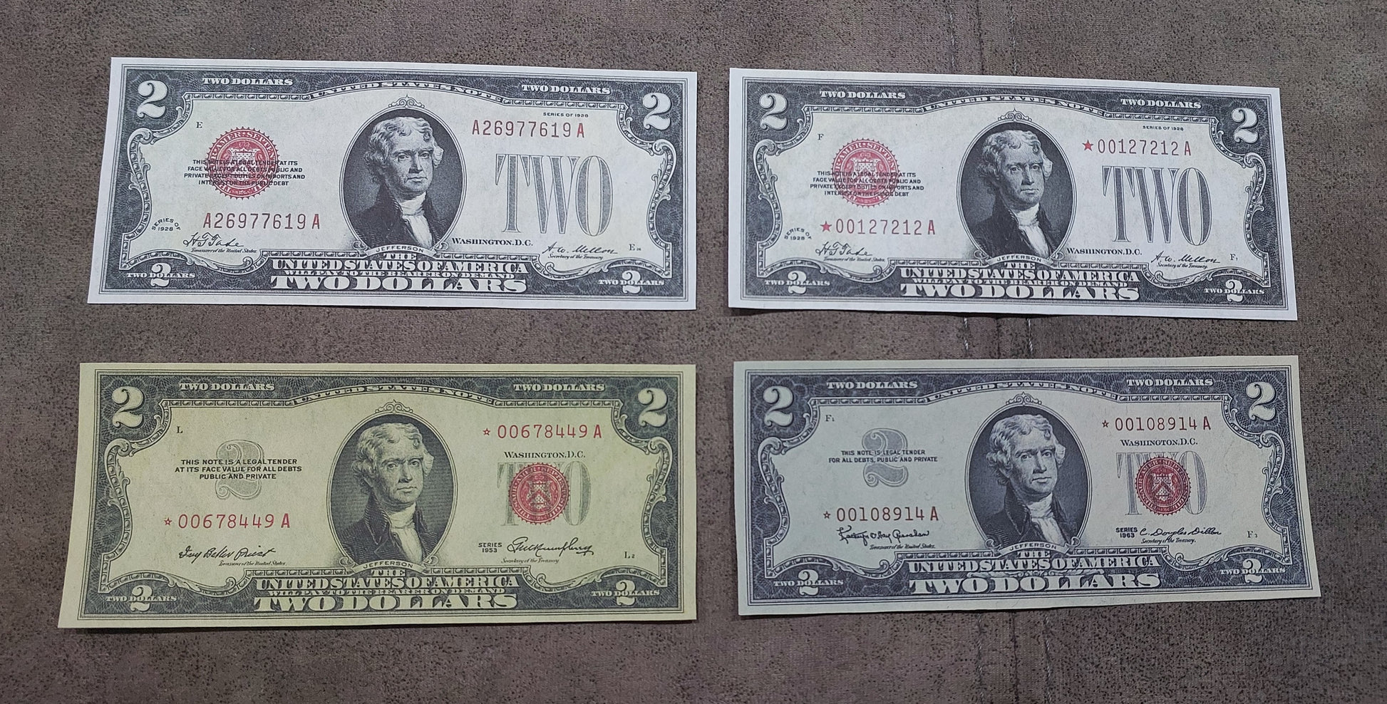 US 1 Dollar and 2 Dollar 1928 Legal Tender Red Seal notes including star note variety front
