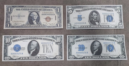 US 1 Dollar North Africa WWII, Experimental S, 5 Dollar 1934 and 5 Dollar North Africa Silver Certificates front