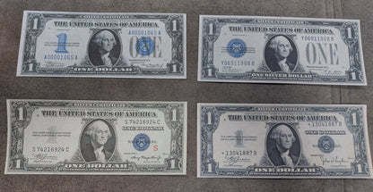 US 1 Dollar 1928 Funnyback, 1934, 1935C and 1935A Hawaii WWII Silver Certificate notes front