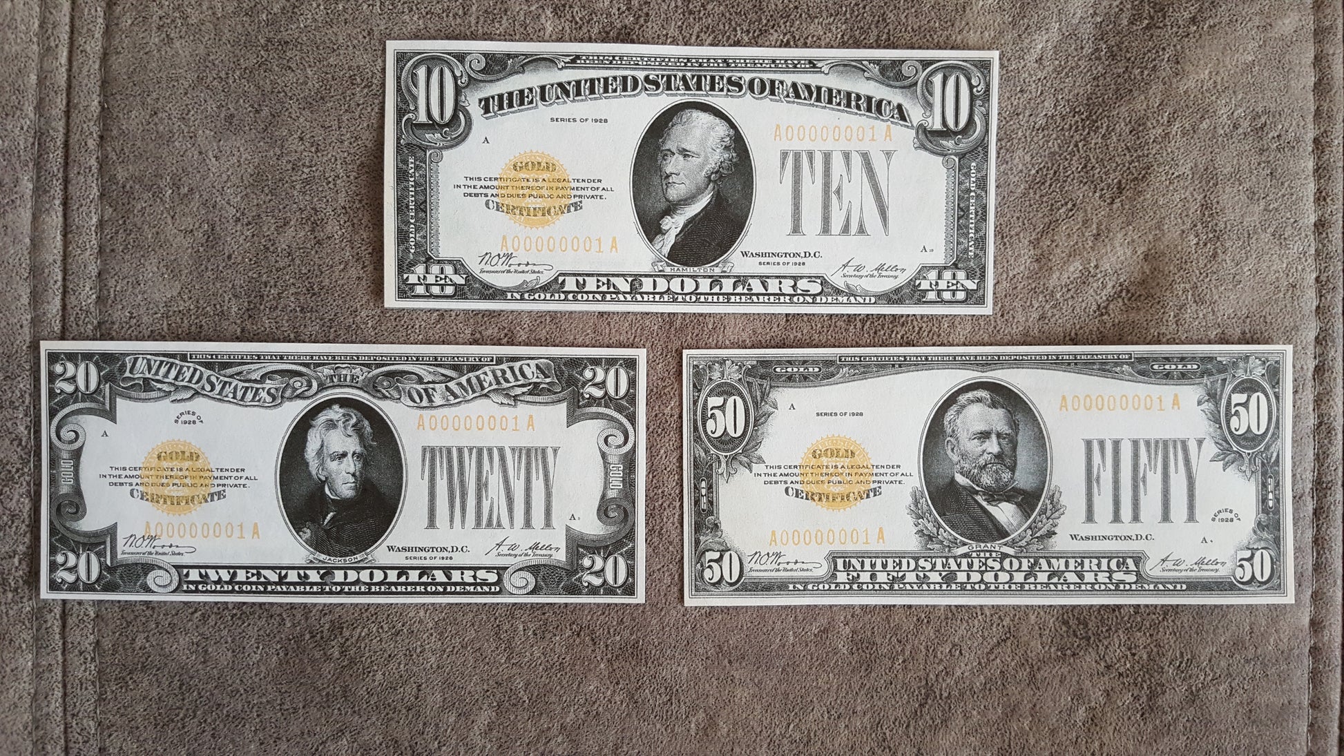 US 10 Dollar Hamilton, 20 Dollar Jackson, and 50 Dollar Grant 1928 Series Gold Certificates front
