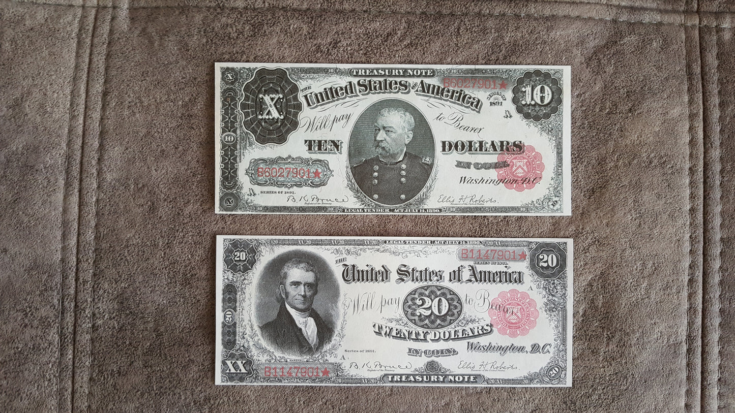 US 10 Dollar Sheridan and 20 Dollar Marshall 1891 Series Treasury Coin Notes front