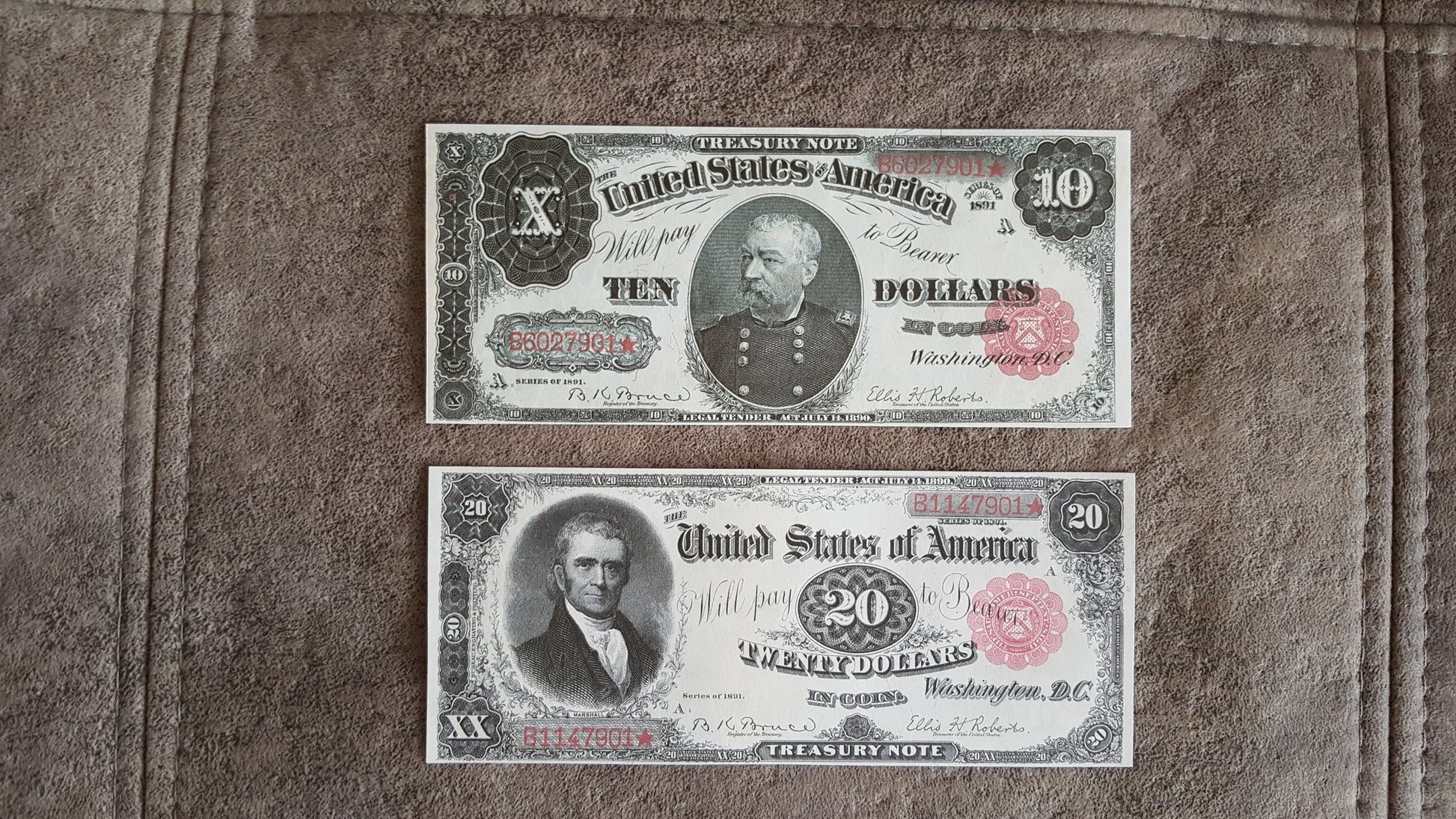 US 10 Dollar Sheridan and 20 Dollar Marshall 1891 Series Treasury Coin Notes front