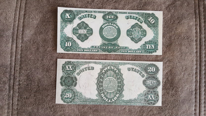 US 10 Dollar and 20 Dollar 1891 Treasury Notes reverse side view