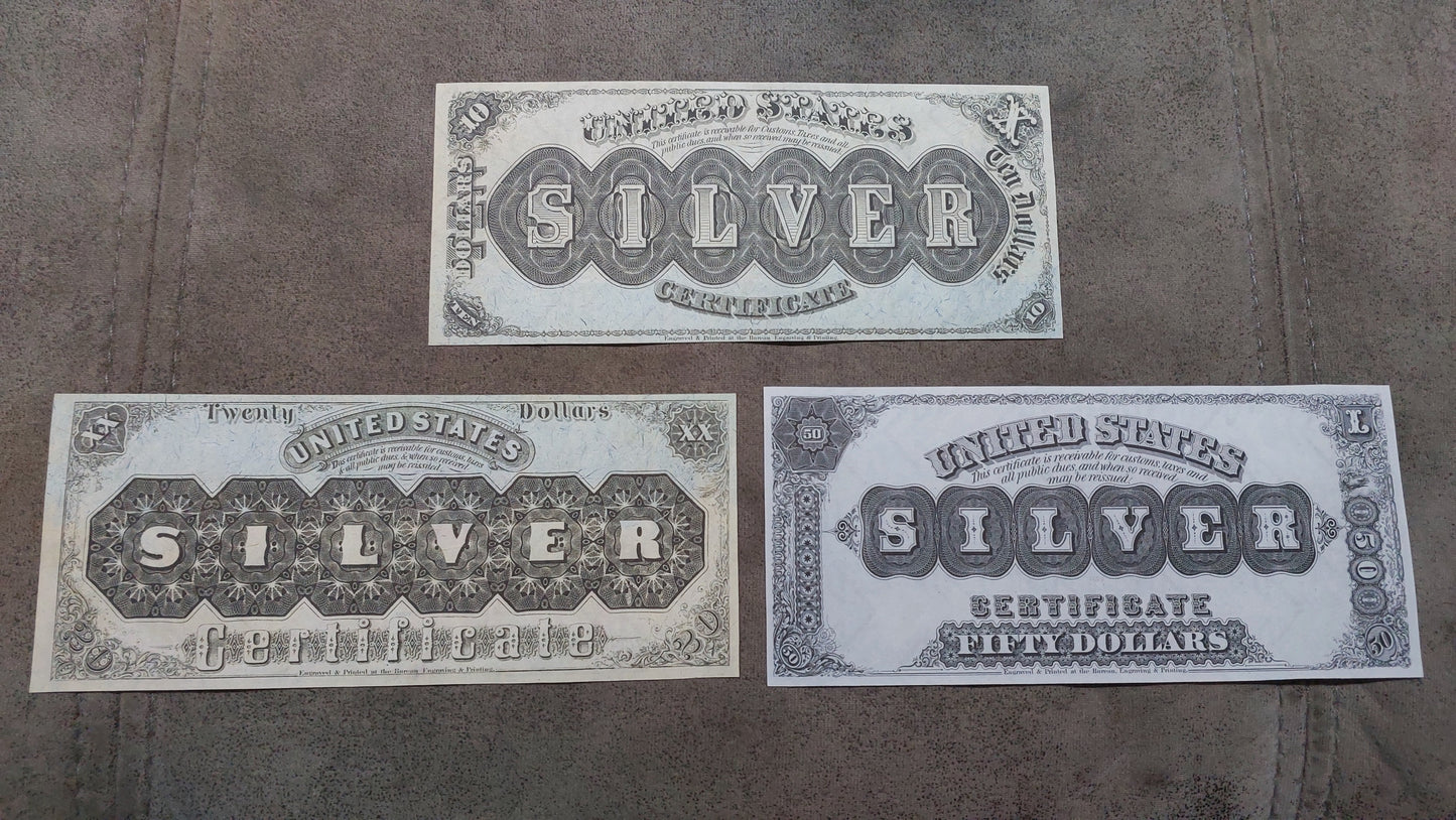 US 10 Dollar and 20 Dollar 1878 Silver Certificate notes reverse side view