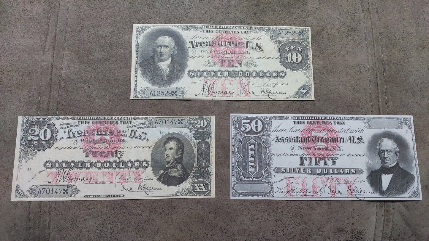 US 10 Dollar and 20 Dollar 1878 Silver Certificate historical currency notes front