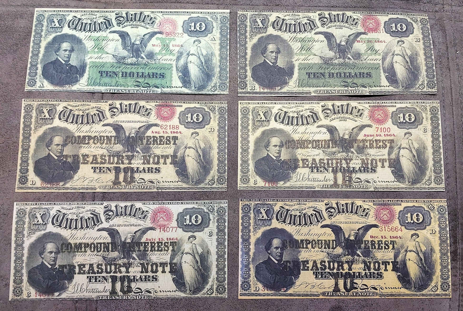 US 10 Dollar 1864 Treasury Notes Interest Bearing Interest Civil War currency varieties front
