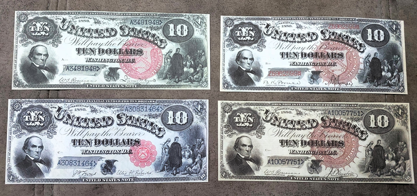 US 10 Dollar 1880 Legal Tender Daniel Webster banknote varieties with red and brown seals front view