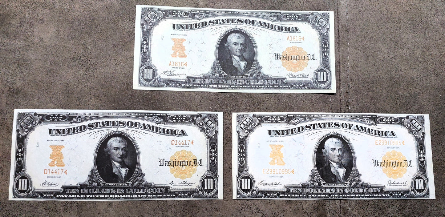 US 10 Dollar Michael Hillegas 1907 Series Gold Certificates front view showing signature varieties