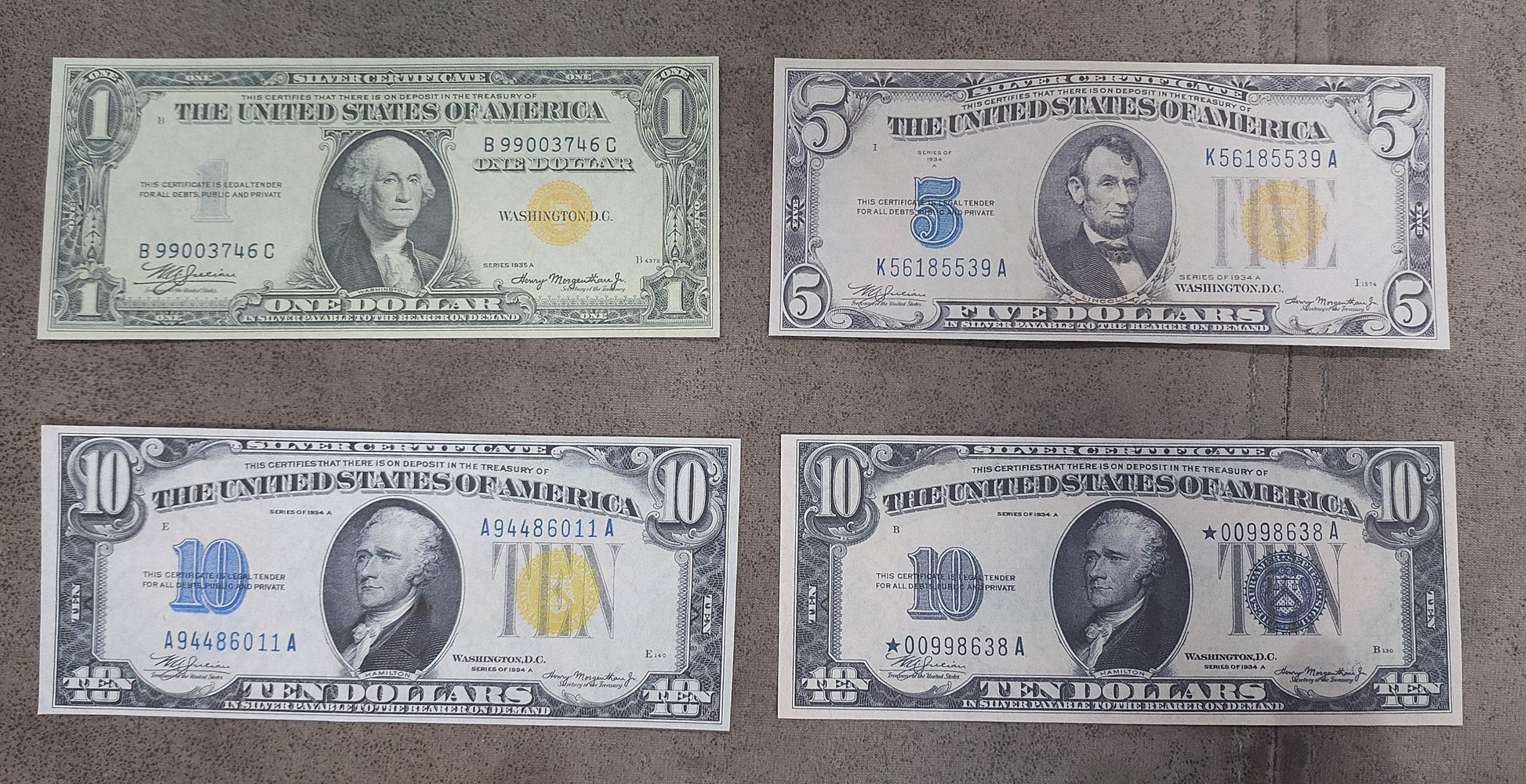 US 10 Dollar 1933 rare, 1934, 1934A Star Note and 1934 North Africa WWII Silver Certificates front