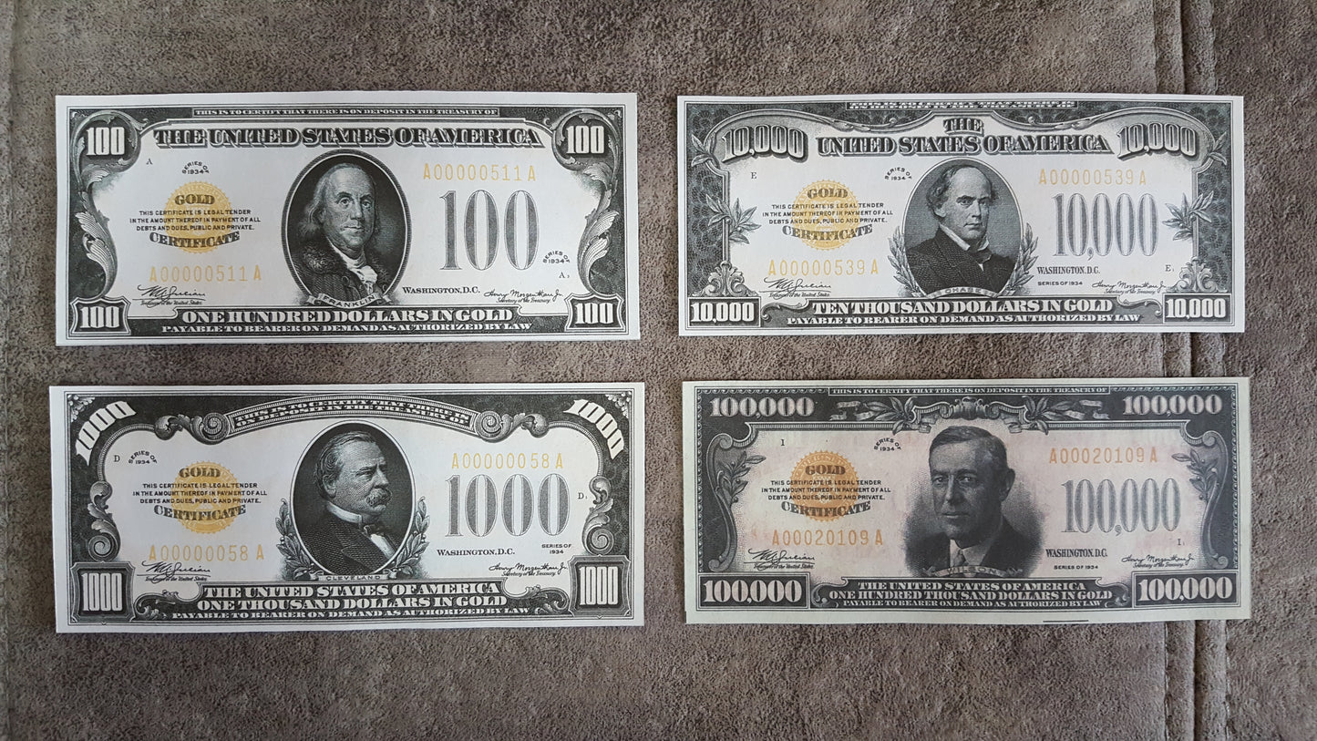 US 100 Dollar Franklin, 1000 Dollar Cleveland, 10000 Dollar Chase, and 100000 Dollar Woodrow Wilson 1934 Gold Certificates front