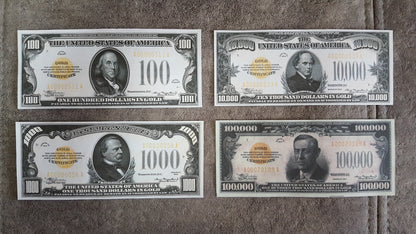 US 100 Dollar Franklin, 1000 Dollar Cleveland, 10000 Dollar Chase, and 100000 Dollar Woodrow Wilson 1934 Gold Certificates front