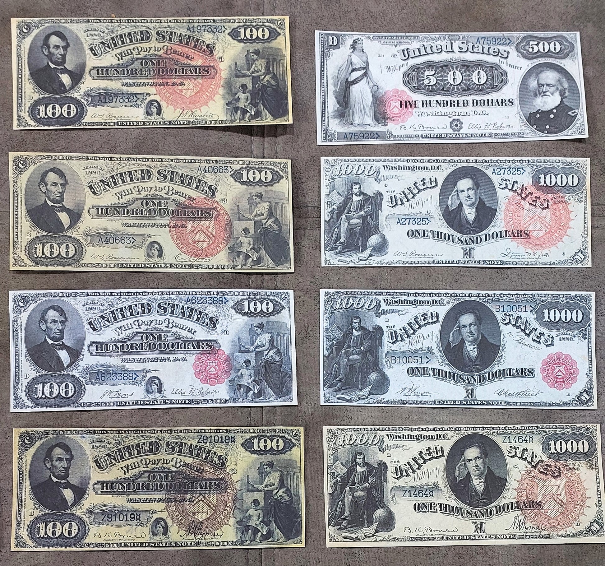 US 100 Dollar Lincoln, 500 Dollar Mansfield and 1000 Dollar DeWitt Clinton 1880 Legal Tender notes front group view