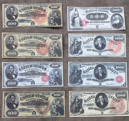 US 100 Dollar Lincoln, 500 Dollar Mansfield and 1000 Dollar DeWitt Clinton 1880 Legal Tender notes front group view