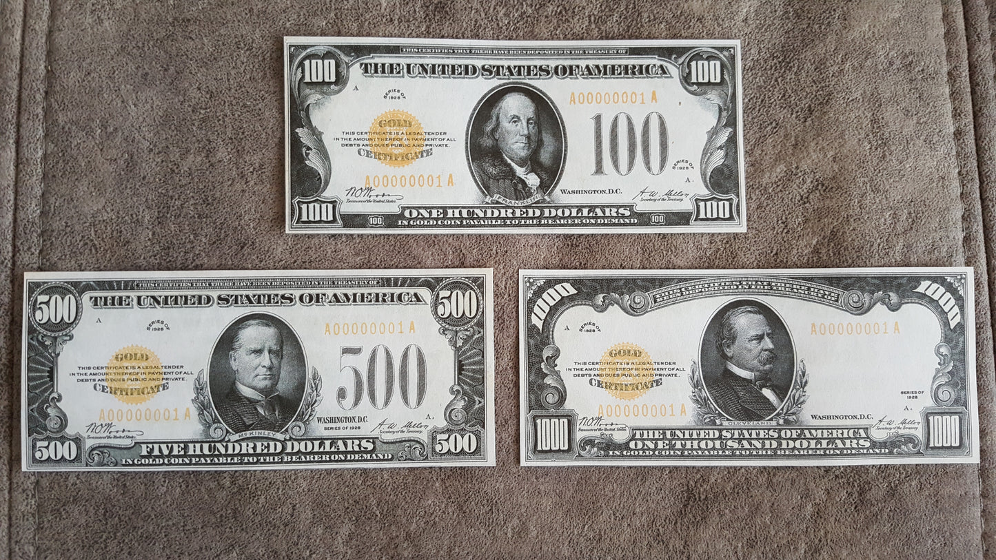 US 100 Dollar Franklin, 500 Dollar McKinley, and 1000 Dollar Cleveland 1928 Gold Certificates front